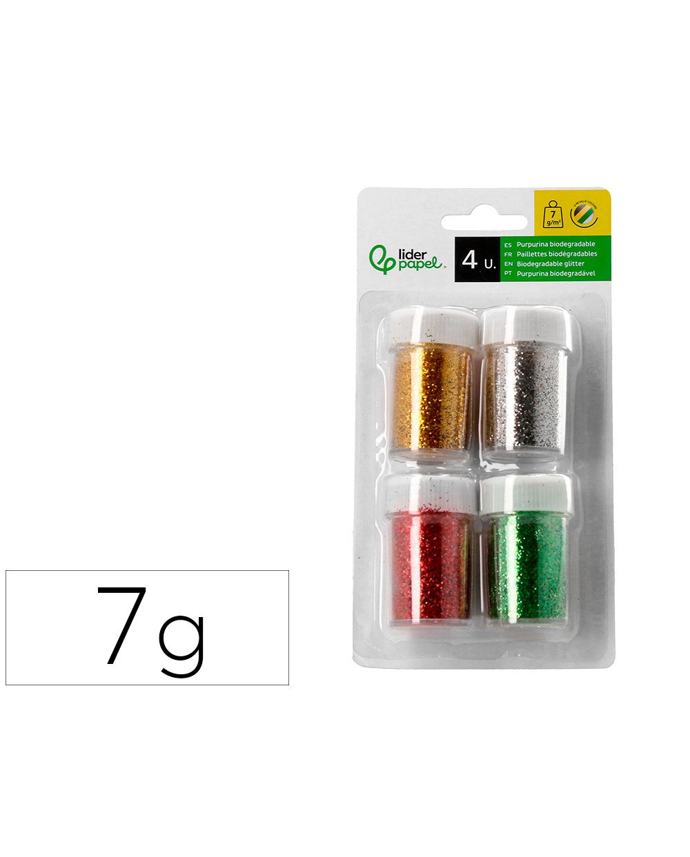 Purpurina liderpapel biodegradable fantasia bote de 7 gr colores metalicos surtidos blister de 4