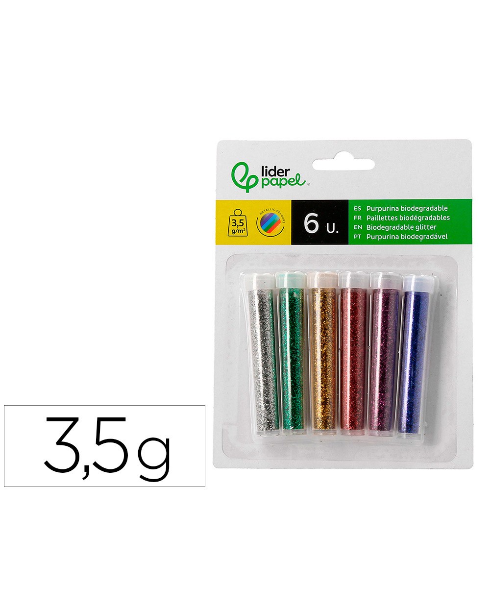 Purpurina liderpapel biodegradable fantasia bote de 35 gr colores metalicos surtidos blister de 6
