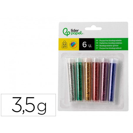 Purpurina liderpapel biodegradable fantasia bote de 35 gr colores metalicos surtidos blister de 6