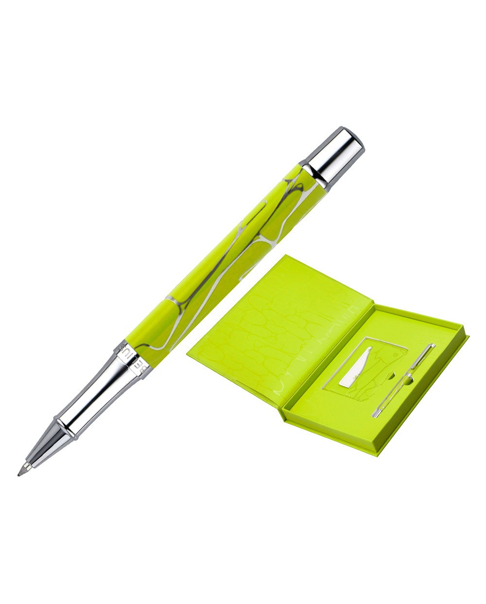 Boligrafo y wallet belius cocktails margarita aluminio verde lima plateado relieve tinta color azul caja de