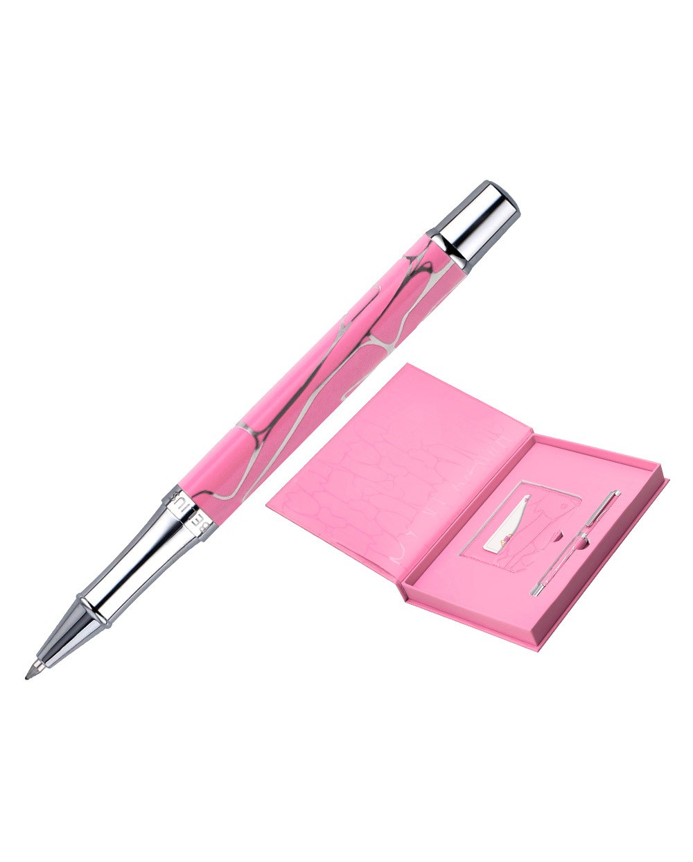 Boligrafo y wallet belius cocktails cosmopolitan aluminio rosa plateado relievetinta color azul caja de