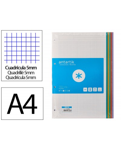 Recambio a4 antartik 80 hojas 90g m2 cuadro 5 mm 4 taladros bandas de 5 colores pasteles