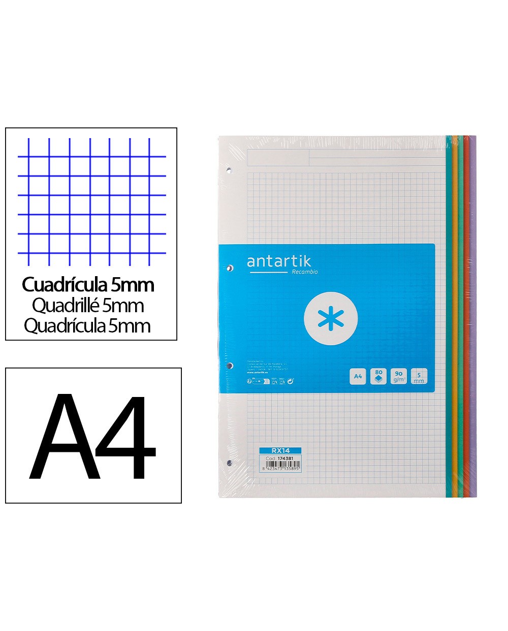 Recambio a4 antartik 80 hojas 90g m2 cuadro 5 mm 4 taladros bandas de 5 colores pasteles