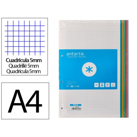Recambio a4 antartik 80 hojas 90g m2 cuadro 5 mm 4 taladros bandas de 5 colores pasteles
