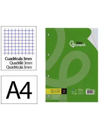 Recambio liderpapel din a4 100 hojas 75 gr cuadro 3 mm con margen 4 taladros
