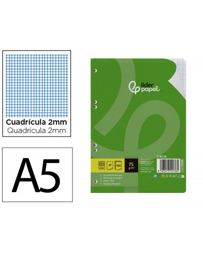 Recambio liderpapel din a5 100 hojas 75 gr milimetrado sin margen 6 taladros