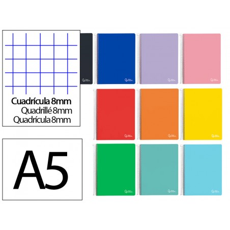 Cuaderno espiral liderpapel din a5 witty tapa dura 80h 90gr cuadro 8mm con margen colores surtidos