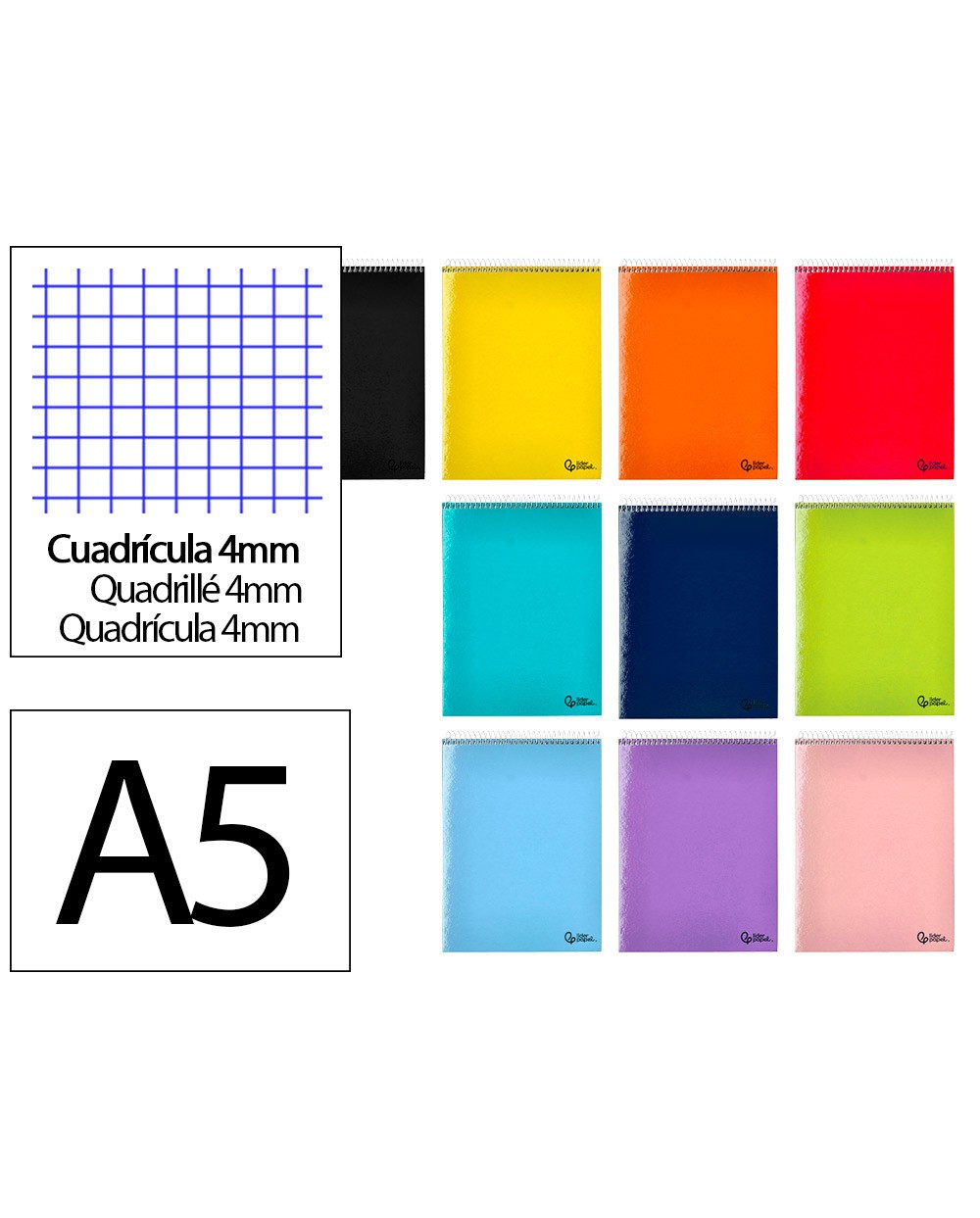 Cuaderno espiral liderpapel din a5 apaisado smart tapa blanda 80h 75gr cuadro 4mm con margen colores surtidos