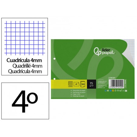 Recambio liderpapel din a5 apaisado 100 hojas 75 gr cuadro 4 mm 2 taladros con margen