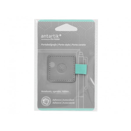 Portaboligrafo autoadhesivo antartik para cuaderno note con elastico hasta 15 mm grosor 80 mm gris y turquesa