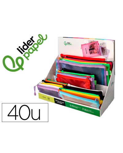 Bolsa zipper bag liderpapel poliester transpirable multiusos expositor de 40 unidades tamanos y colores