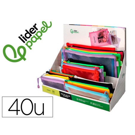 Bolsa zipper bag liderpapel poliester transpirable multiusos expositor de 40 unidades tamanos y colores