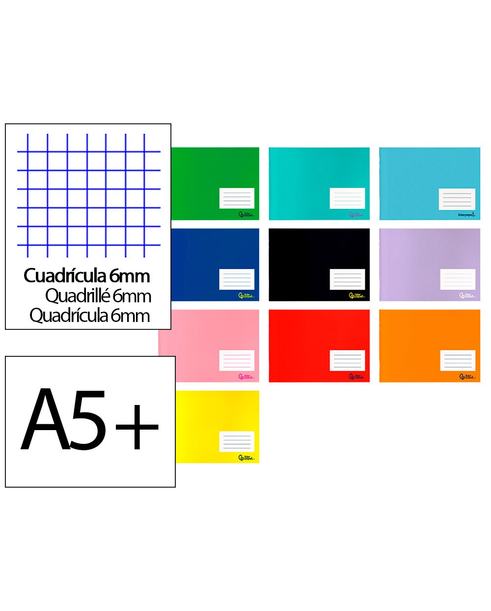 Libreta liderpapel smart a5 plus apaisado 32 hojas 75g m2 cuadro 6 mm con margen colores surtidos