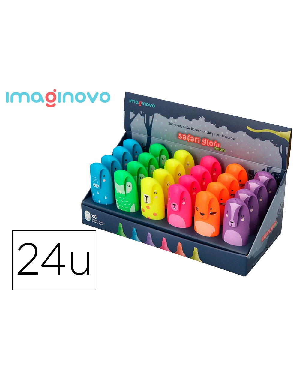 Rotulador imaginovo fluorescente safari glow neon animales y clip expositor de 24 unidades surtidas