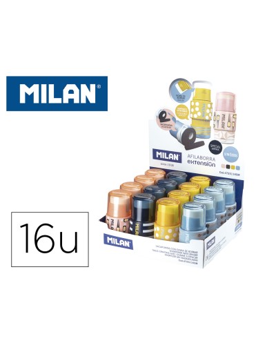 Sacapuntas milan extension plastico con deposito 1 uso con goma de borrar expositor de 16 unidades colores