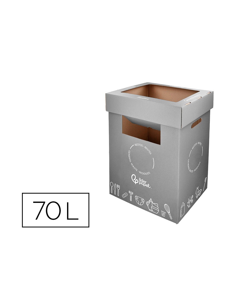 Contenedor papelera reciclaje liderpapel carton reciclado para restos no reciclables 70 litros 450x350x650 mm gris