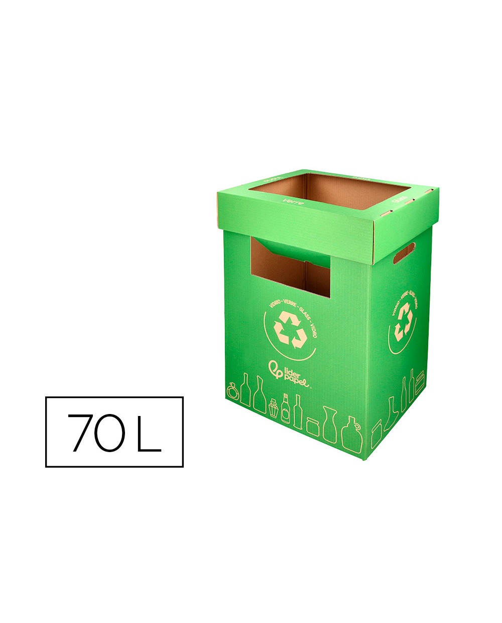 Contenedor papelera reciclaje liderpapel carton reciclado para vidrio 450x350x350 mm 70 litros verde