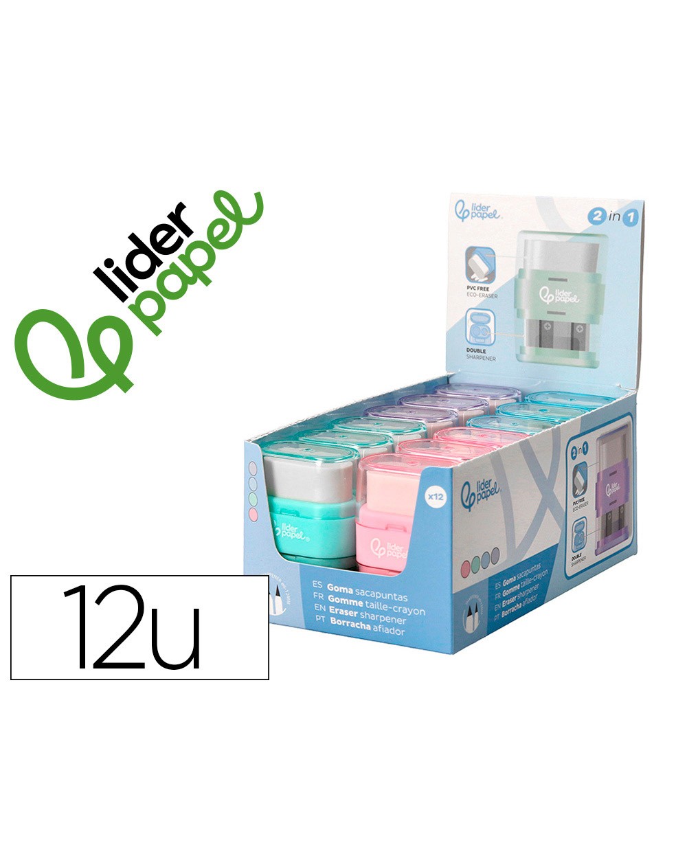 Goma de borrar liderpapel rectangular con sacapuntas colores surtidos