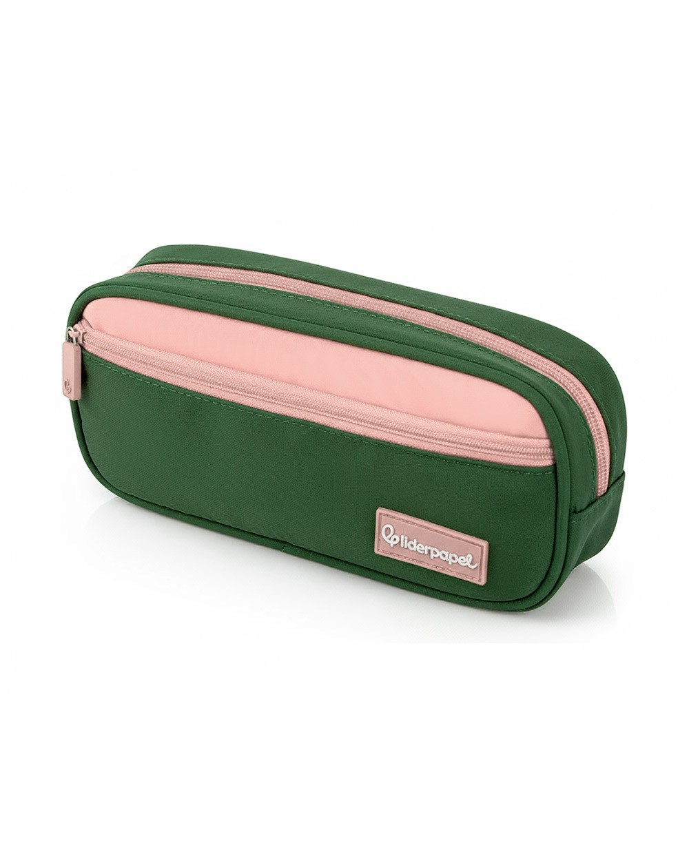 Estuche portatodo liderpapel duo 2 cremalleras con bolsillofrontal verde militar 220x90x50 mm