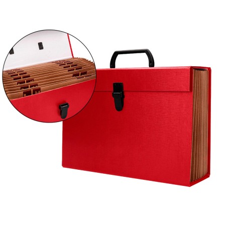 Maletin liderpapel con fuelle y asa carton forrado 19 departamentos 255x390x120 mm color rojo