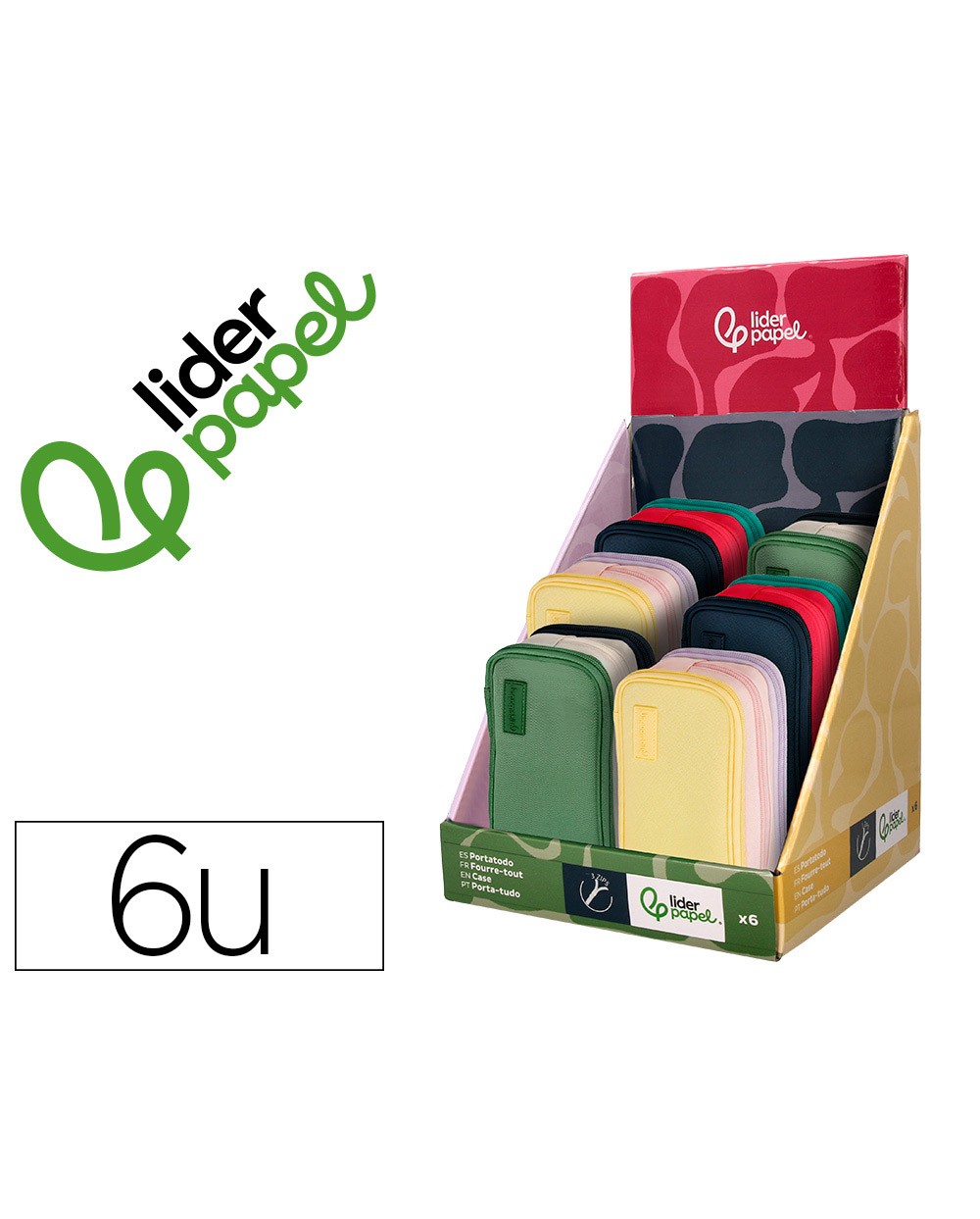 Estuche portatodo liderpapel funky 3 cremalleras con aperturas laterales 220x100x65 mm expositor de 6