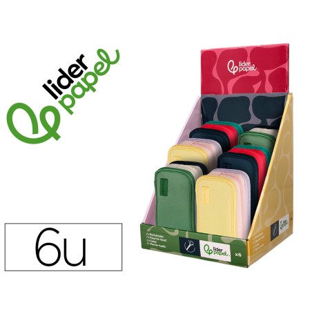 Estuche portatodo liderpapel funky 3 cremalleras con aperturas laterales 220x100x65 mm expositor de 6