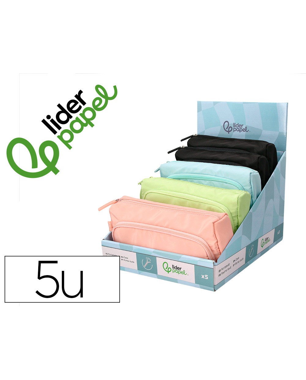 Estuche portatodo liderpapel minibag 2 cremalleras con bolsillo interior 210x100x70 mm expositor de 5 unidades