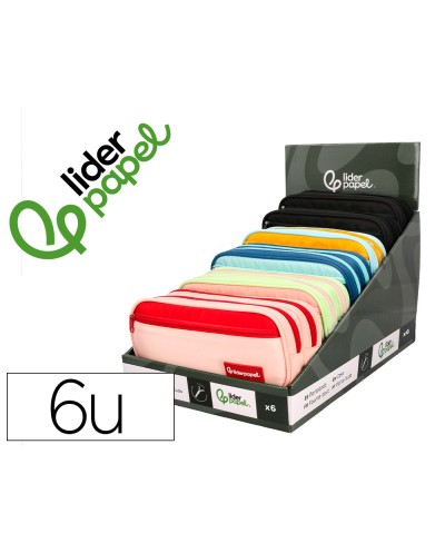 Estuche portatodo liderpapel duo 2 cremalleras con bolsillo frontal 220x90x50 mm expositor de 6 unidades