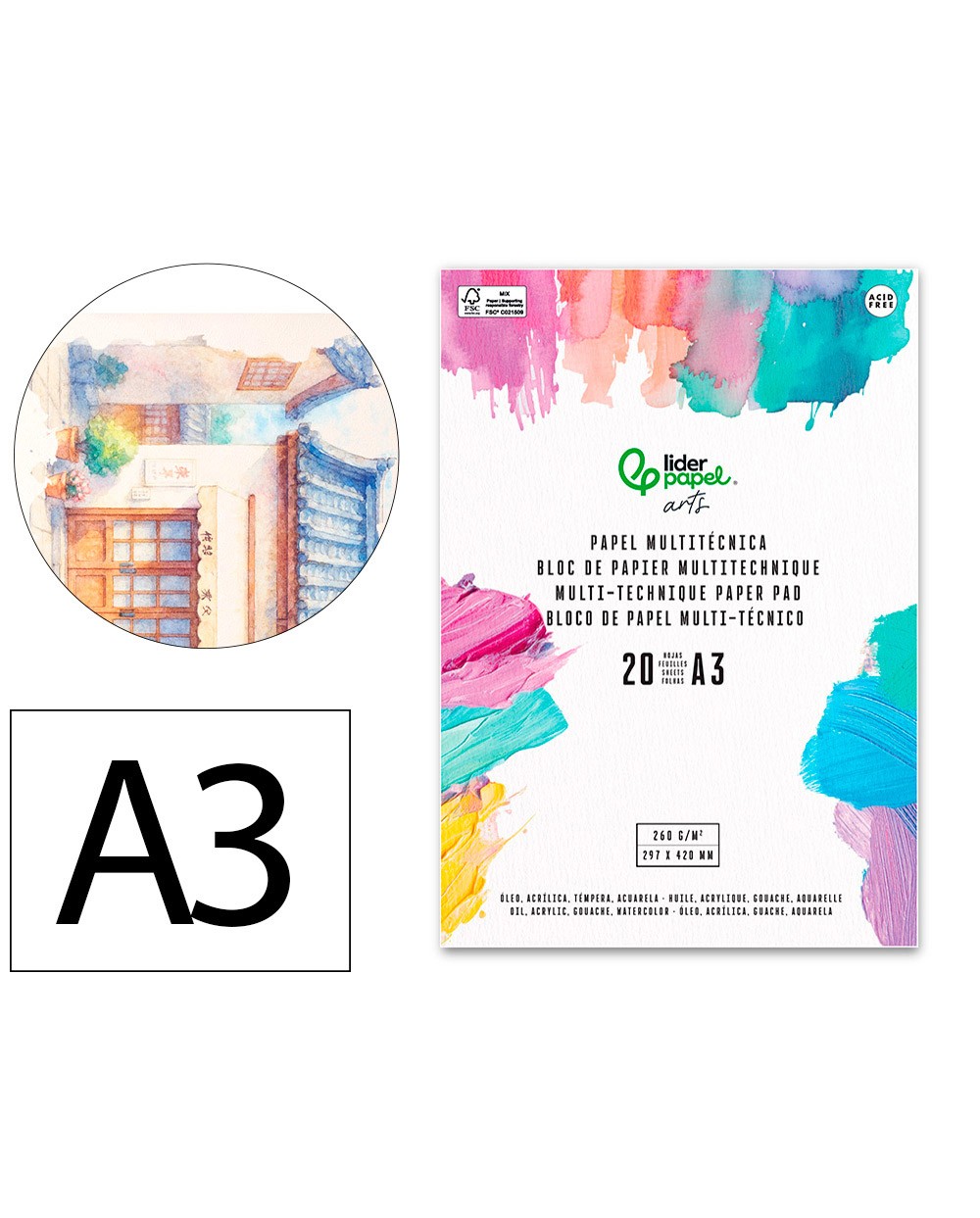 Bloc papel multitecnica liderpapel din a3 para acrilico oleo y gouache 20 hojas gramaje 260g m2