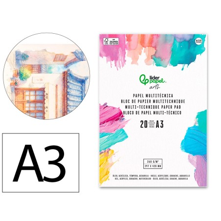 Bloc papel multitecnica liderpapel din a3 para acrilico oleo y gouache 20 hojas gramaje 260g m2