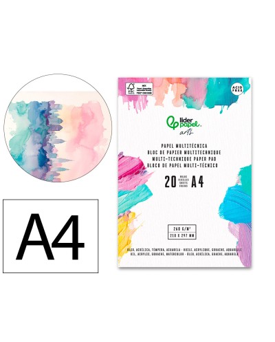 Bloc papel multitecnica liderpapel din a4 para acrilico oleo y gouache 20 hojas gramaje 260g m2