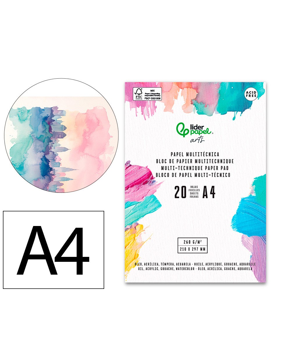 Bloc papel multitecnica liderpapel din a4 para acrilico oleo y gouache 20 hojas gramaje 260g m2