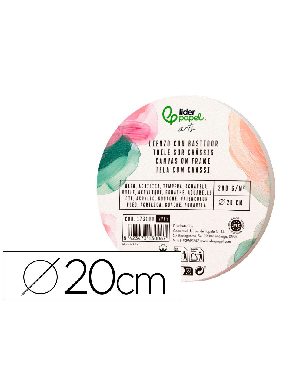 Bastidor redondo liderpapel lienzo grapado parte trasera algodon 100 borde madera 20 cm gramaje 280g m2
