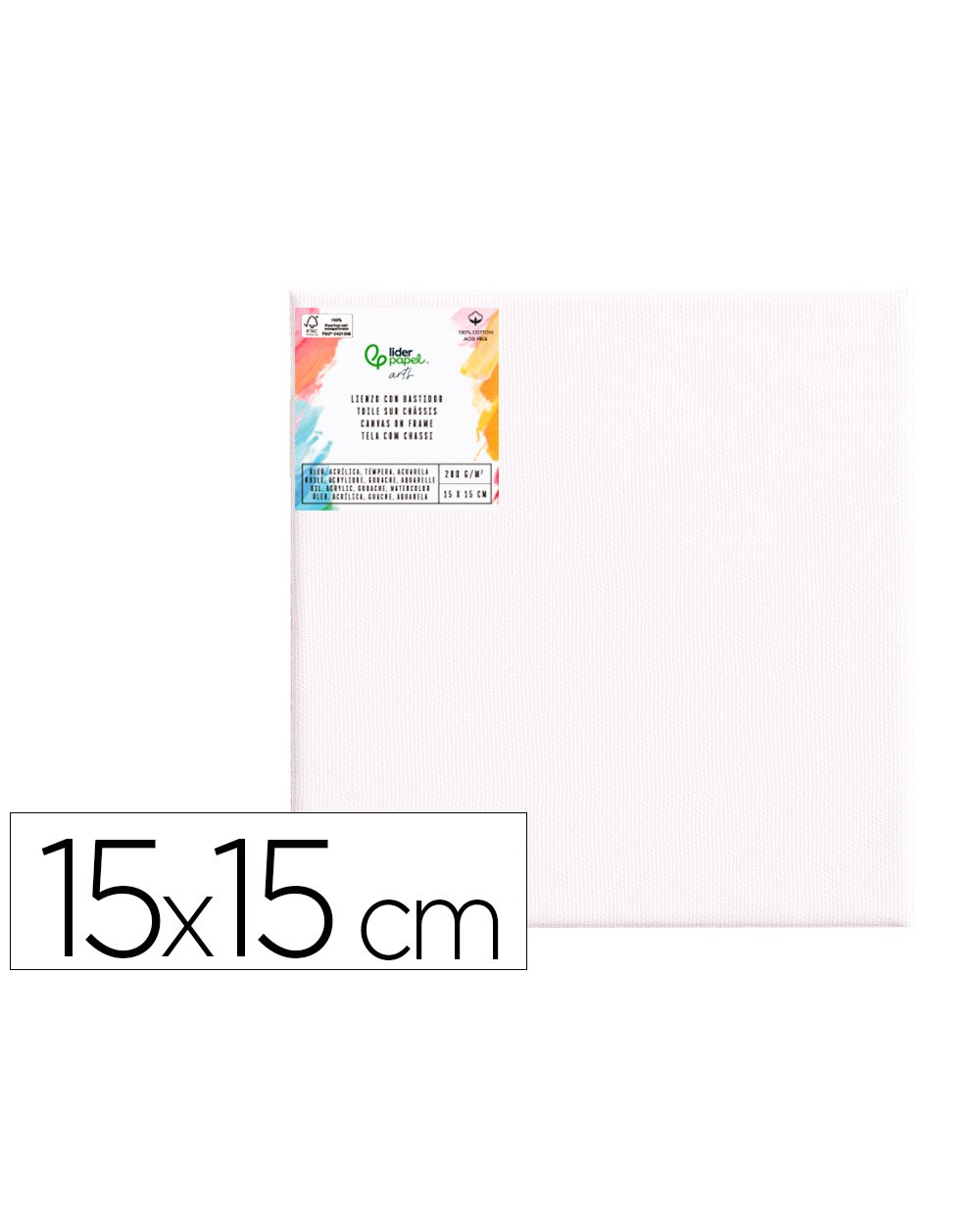 Bastidor liderpapel 1f lienzo grapado parte trasera algodon 100 bordes madera 15x15 cm gramaje 280g m2 certificado