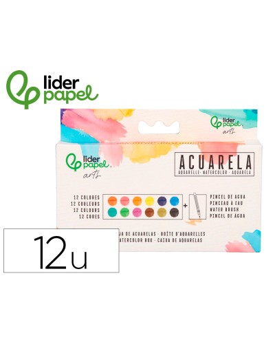 Acuarela liderpapel 12 colores con pincel de agua rellenable estuche de plastico