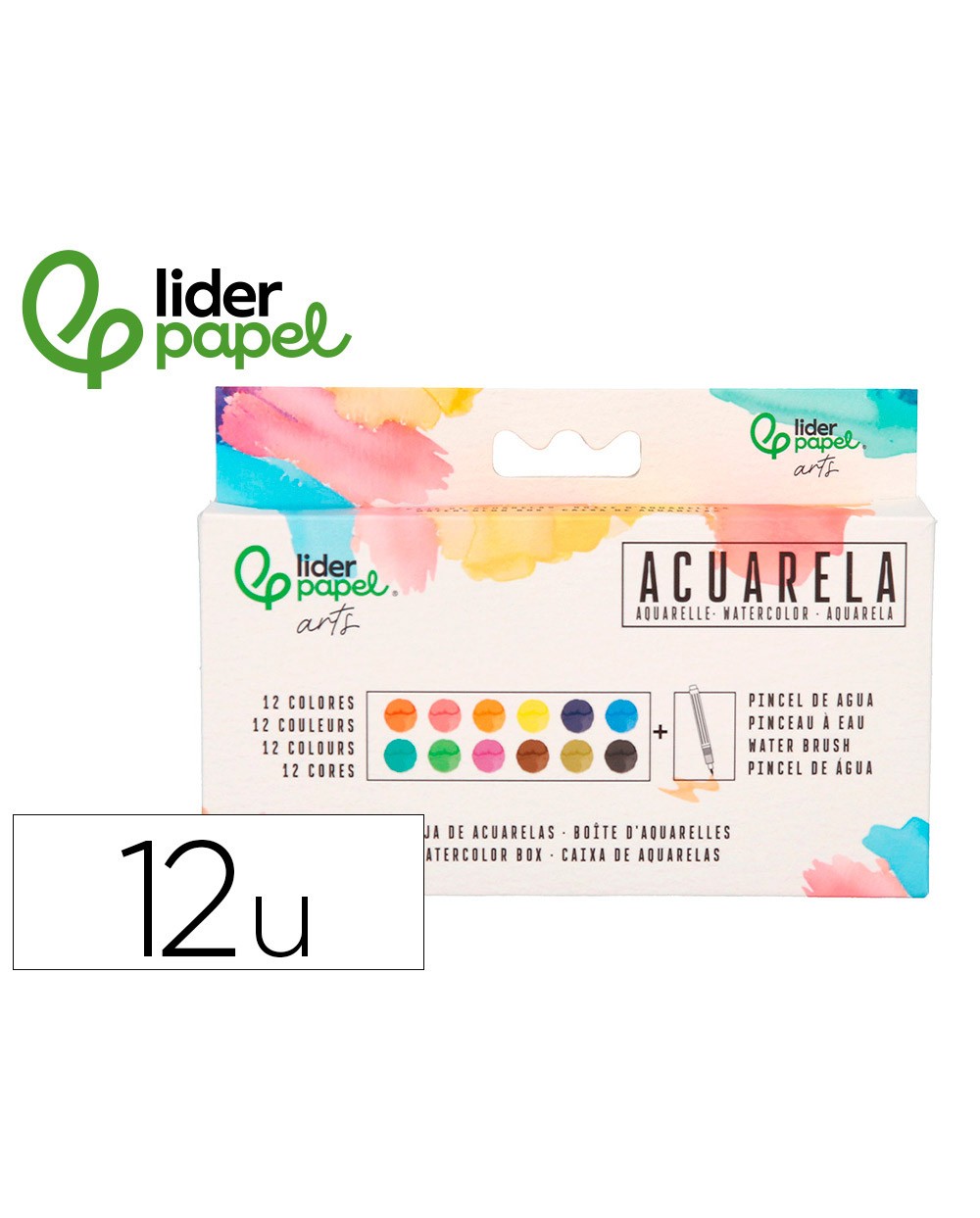 Acuarela liderpapel 12 colores con pincel de agua rellenable estuche de plastico
