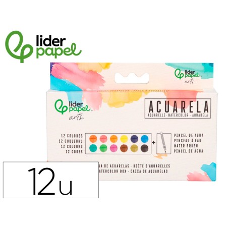 Acuarela liderpapel 12 colores con pincel de agua rellenable estuche de plastico
