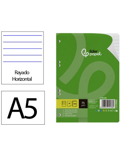 Recambio liderpapel din a5 100 hojas 75 gr horizontal con margen 6 taladros