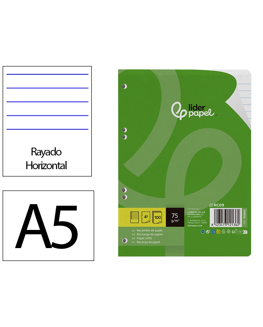 Recambio liderpapel din a5 100 hojas 75 gr horizontal con margen 6 taladros