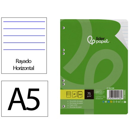 Recambio liderpapel din a5 100 hojas 75 gr horizontal con margen 6 taladros