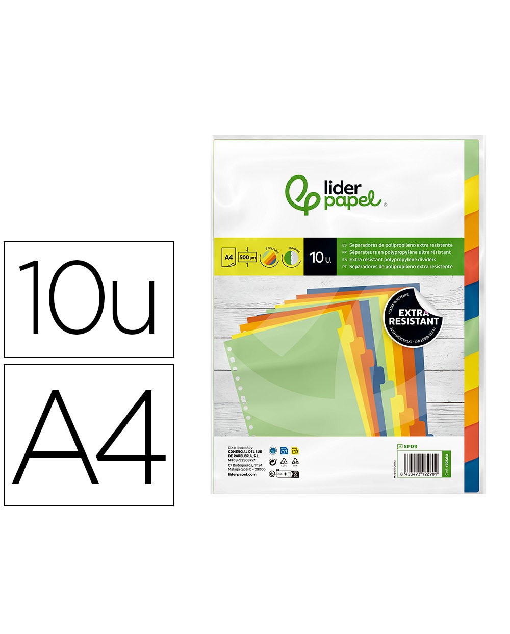 Separador liderpapel polipropileno juego de 10 separadores a4 multitaladro 500 micras
