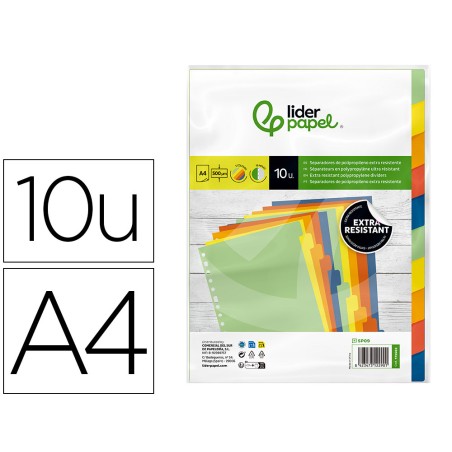 Separador liderpapel polipropileno juego de 10 separadores a4 multitaladro 500 micras
