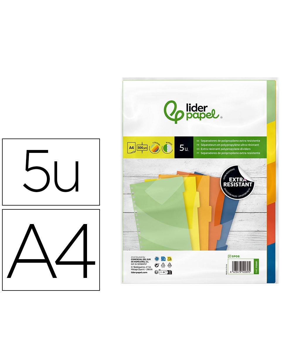 Separador liderpapel polipropileno juego de 5 separadores a4 multitaladro 500 micras