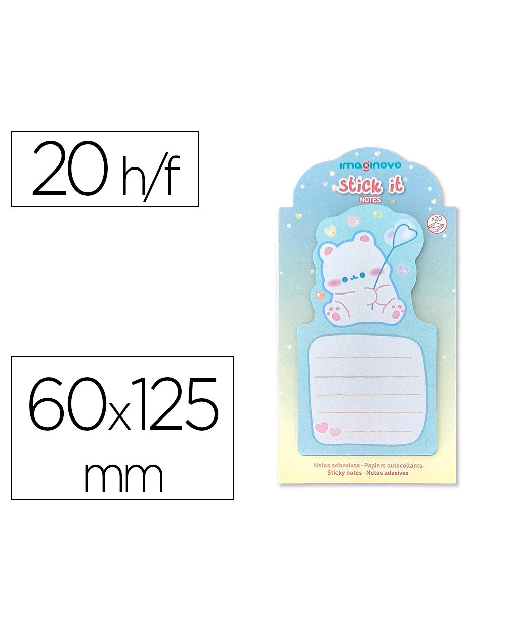 Bloc notas adhesivas imaginovo bunny con soporte 20 hojas azul 60x125 mm oso