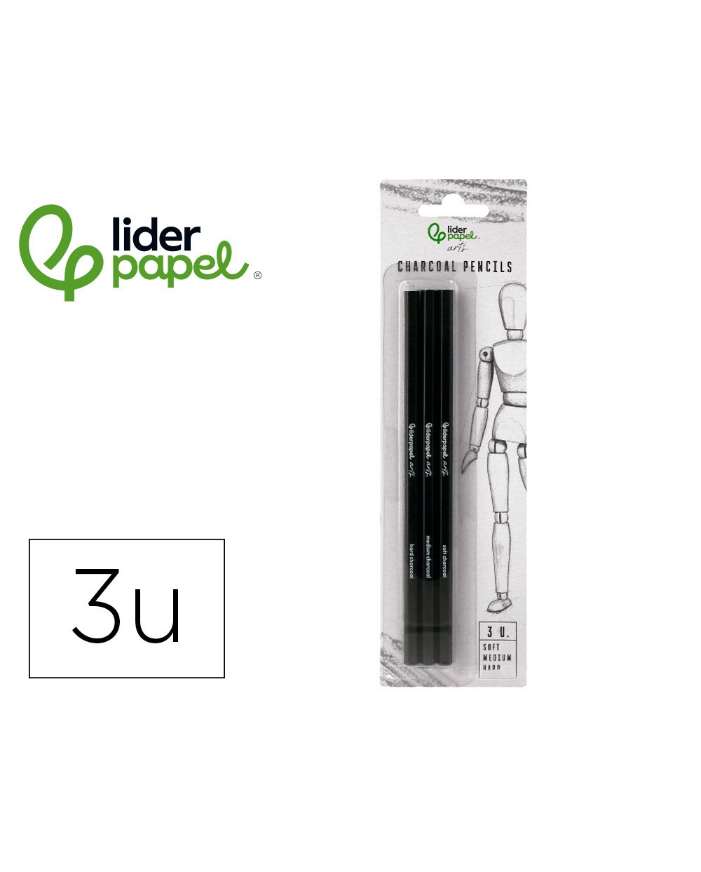 Lapices de carboncillo para esbozos liderpapel caja de 3 unidades con diferentes durezas certificado fsc