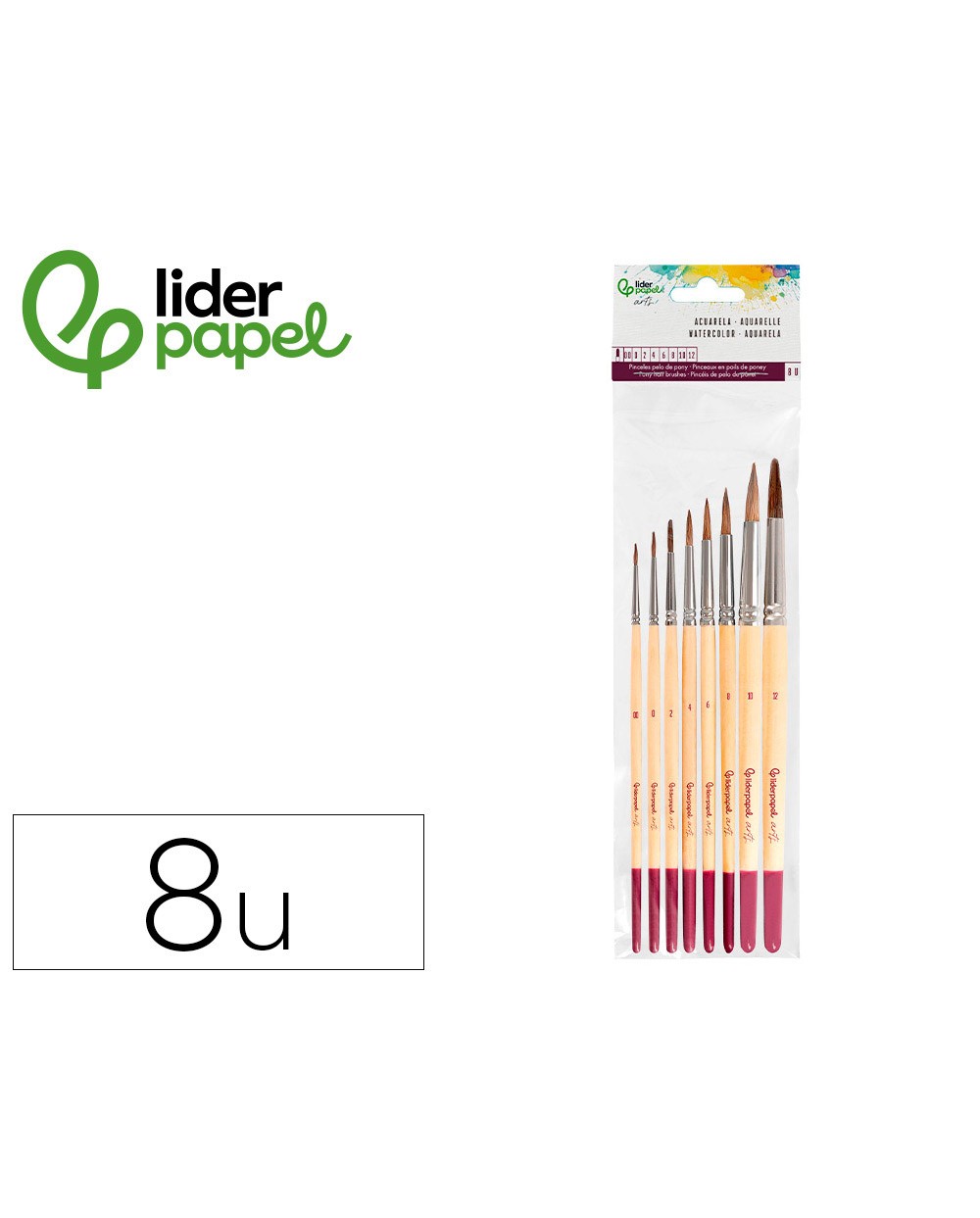 Pinceles de pelo de pony lider papel virola cromada blister de 8 unidades surtidas certificado fsc