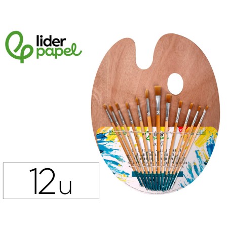 Pinceles sinteticos liderpapel pack de 12 unidades con puntasy tamanos surtidos paleta demadera