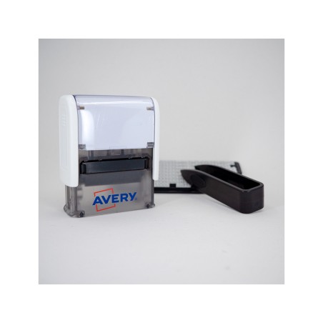 Sello avery especial tejidos personalizable 3 lineas 288 caracteres con pinza y tira termoadhesiva lavable negro