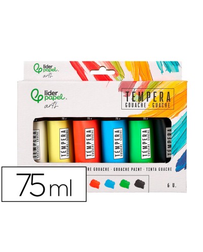 Pintura gouache tempera liderpapel caja de 6 tubos de plastico de 75 ml colores surtidos