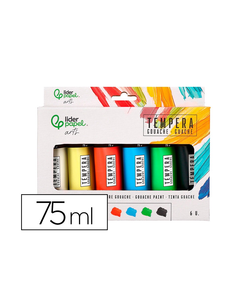 Pintura gouache tempera liderpapel caja de 6 tubos de plastico de 75 ml colores surtidos